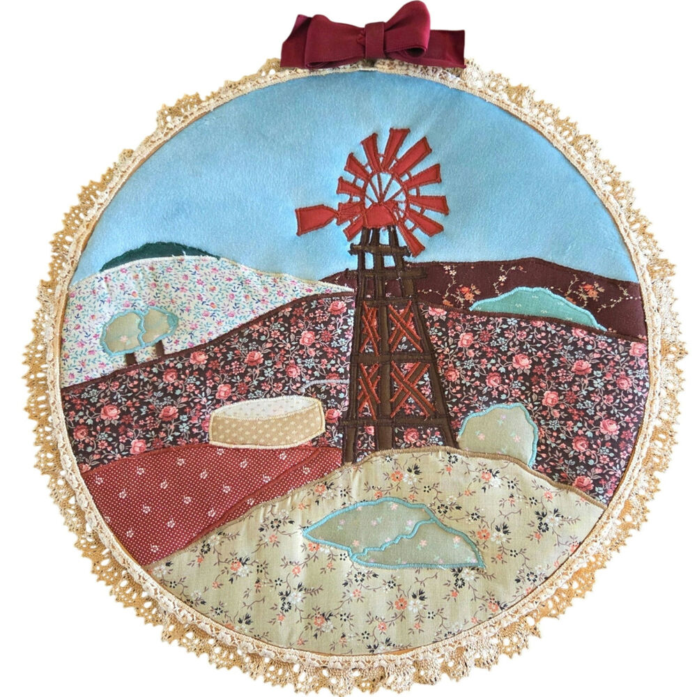 Vintage Hoop 15" embroidered wall hanging windmill scene cottage core